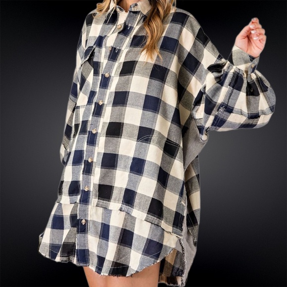 EASEL "Picnic Flannel" Oversize Cotton Shirt Dress Wide Sleeve Pockets Raw Seams - Picture 13 of 15